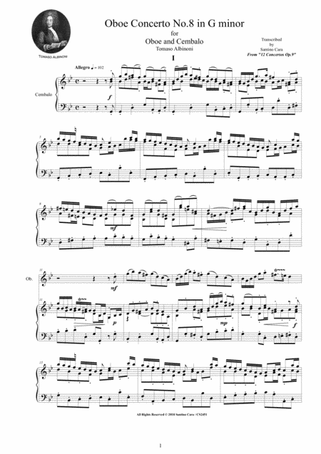 Free Sheet Music Albinoni Oboe Concerto No 8 In G Minor Op 9 For Oboe And Cembalo Or Piano