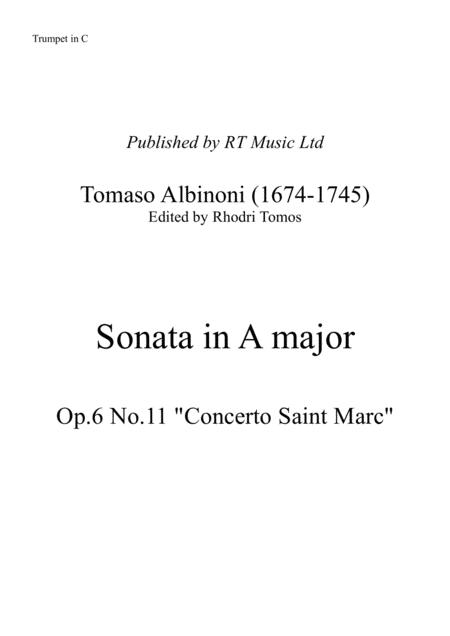 Albinoni Op 6 No 11 Concerto San Marco Sonata In A Major Solo Trumpet Parts Sheet Music