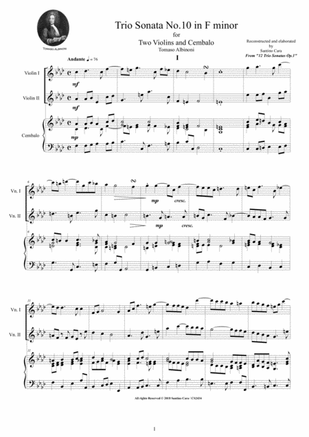Free Sheet Music Albinoni Trio Sonata No 10 In F Minor Op 1 For Two Violins And Cembalo Or Piano