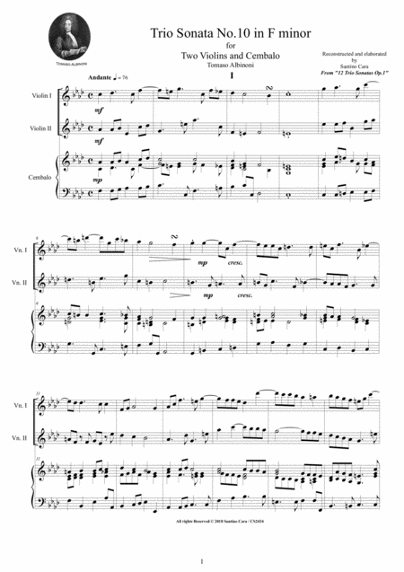 Albinoni Trio Sonata No 10 In F Minor Op 1 For Two Violins And Cembalo Or Piano Sheet Music