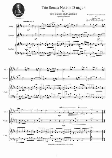 Free Sheet Music Albinoni Trio Sonata No 9 In D Major Op 1 For Two Violins And Cembalo Or Piano