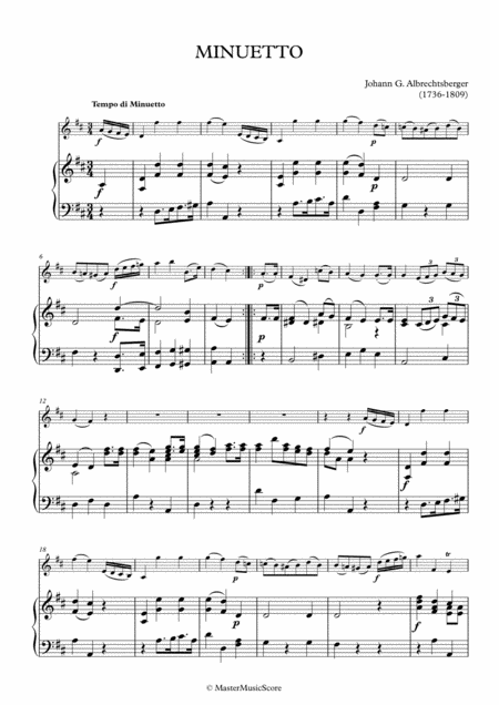 Albrechtsberger Minuetto In D Major For Violin And Piano Sheet Music