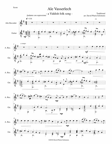 Ale Vasserlech All The Waters Flow Away For Alto Recorder And Guitar Sheet Music