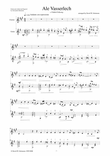Ale Vasserlech All The Waters Flow Away For Clarinet And Guitar Sheet Music