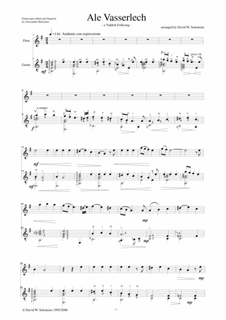 Ale Vasserlech All The Waters Flow Away For Flute And Guitar Sheet Music