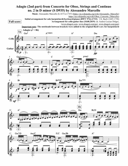 Alessandro Marcello Adagio 2nd Part From Concerto For Oboe Strings And Continuo No 2 In D Minors D935 Arr For Cello Guitar Duo In Dm Score And Parts Sheet Music