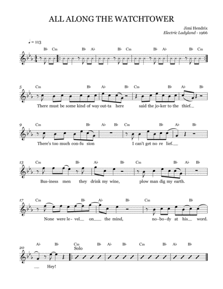 All Along The Watchtower Leadsheet Melody Notated Sheet Music