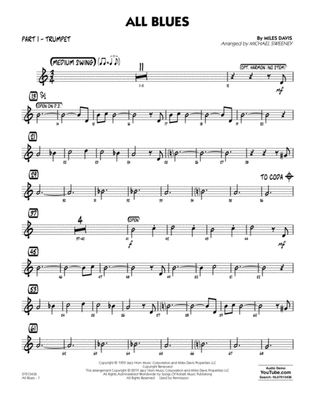 Free Sheet Music All Blues Arr Michael Sweeney Part 1 Bb Trumpet