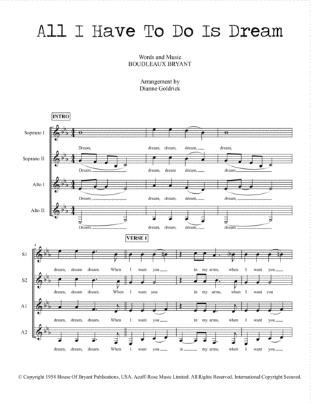 Free Sheet Music All I Have To Do Is Dream Ssaa A Cappella