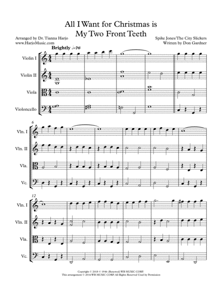 All I Want For Christmas Is My Two Front Teeth String Quartet Sheet Music