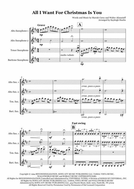 Free Sheet Music All I Want For Christmas Is You By Mariah Carey Saxophone Quartet Aatb