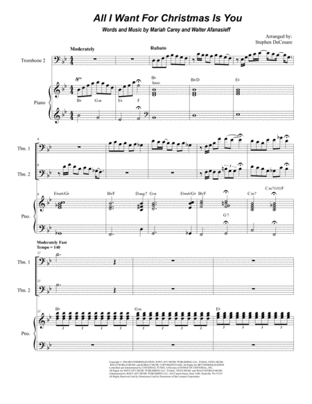 All I Want For Christmas Is You Trombone Duet Sheet Music