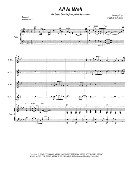 Free Sheet Music All Is Well For Saxophone Quartet And Piano