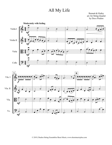 Free Sheet Music All My Life For String Quartet