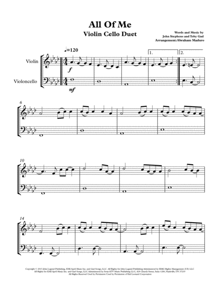 All Of Me By John Legend Violin And Cello Duet Sheet Music