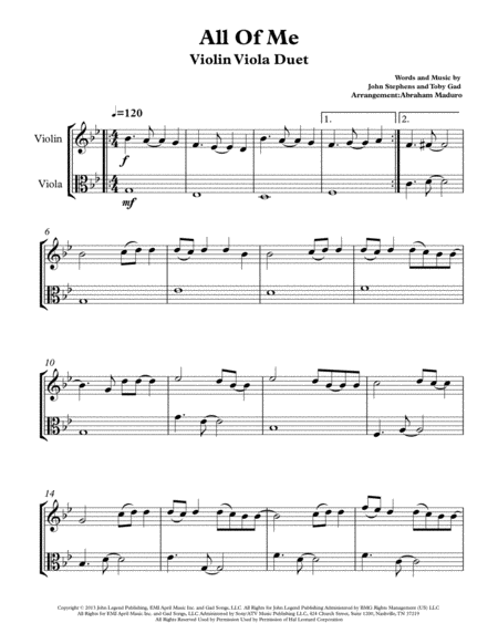 Free Sheet Music All Of Me By John Legend Violin And Viola Duet