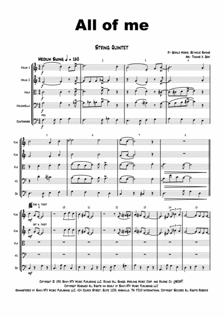 All Of Me Jazz Classic String Quintet Sheet Music