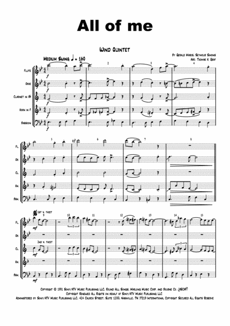 Free Sheet Music All Of Me Jazz Classic Wind Quintet
