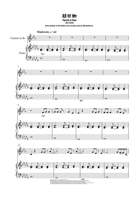 All Of Me John Legend Clarinet Piano Sheet Music