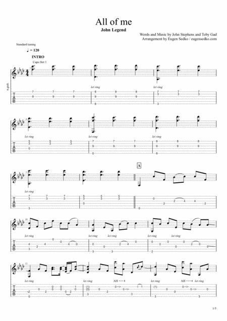 All Of Me John Legend Fingerstyle Guitar Arangement Notes Tabs Sheet Music