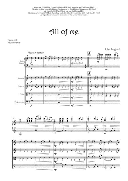 Free Sheet Music All Of Me John Legend Piano And String Quartet