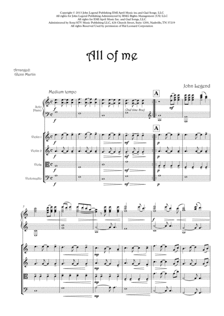 All Of Me John Legend Piano And String Quartet Sheet Music