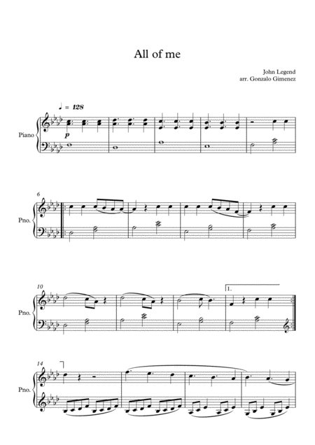All Of Me John Legend Piano Solo Late Beginners Level Sheet Music