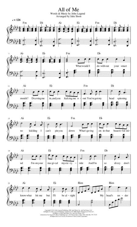 All Of Me John Legend Piano Transcription Sheet Music
