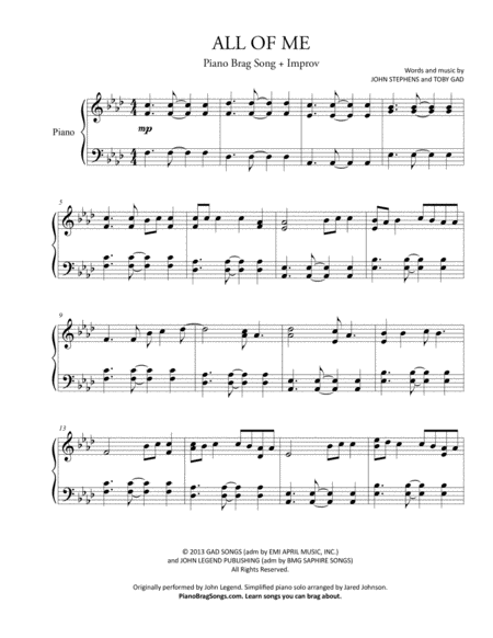 Free Sheet Music All Of Me John Legend Simplified Version Improv