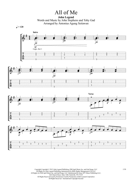 All Of Me John Legend Solo Guitar Tablature Sheet Music