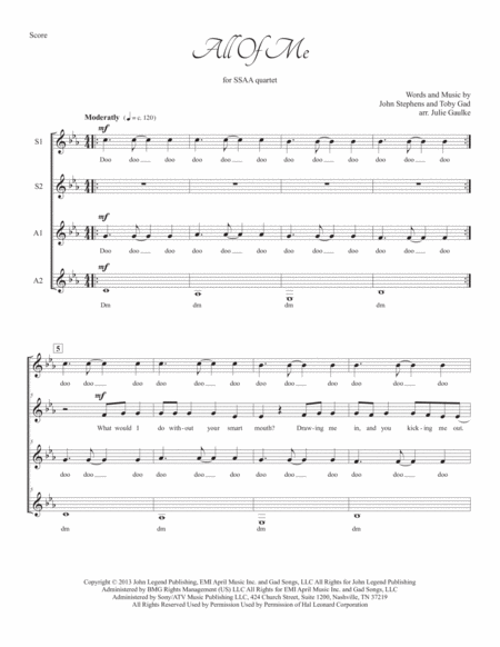 All Of Me John Legend Ssaa A Cappella Sheet Music