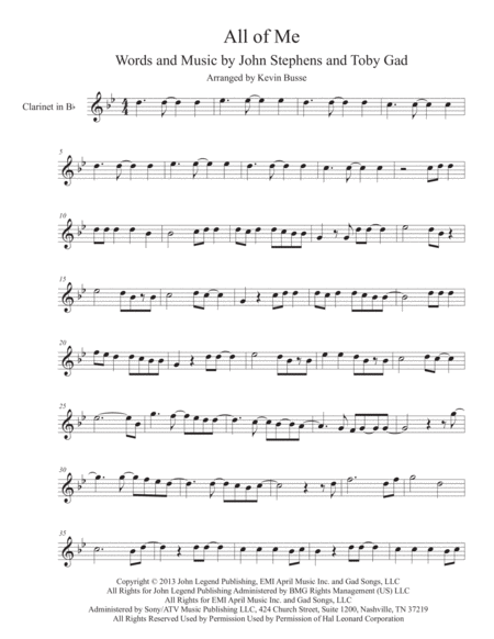 Free Sheet Music All Of Me Original Key Clarinet