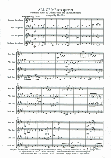 Free Sheet Music All Of Me Sax Quartet