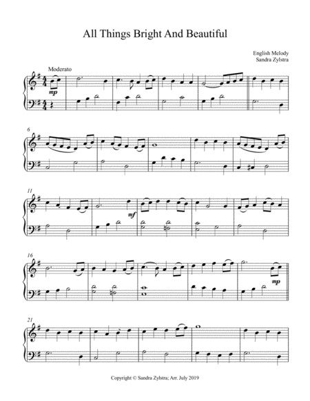 All Things Bright And Beautiful Early Intermediate Piano Solo Sheet Music