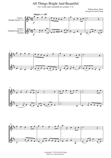 All Things Bright And Beautiful For Violin Duet Suitable For Grades 1 5 Sheet Music