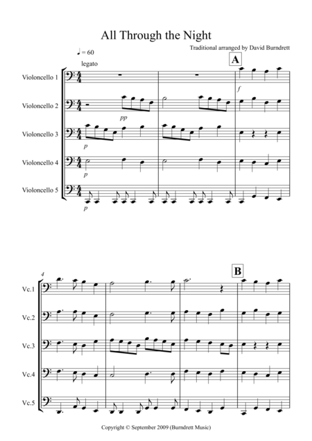 Free Sheet Music All Through The Night For Cello Quintet