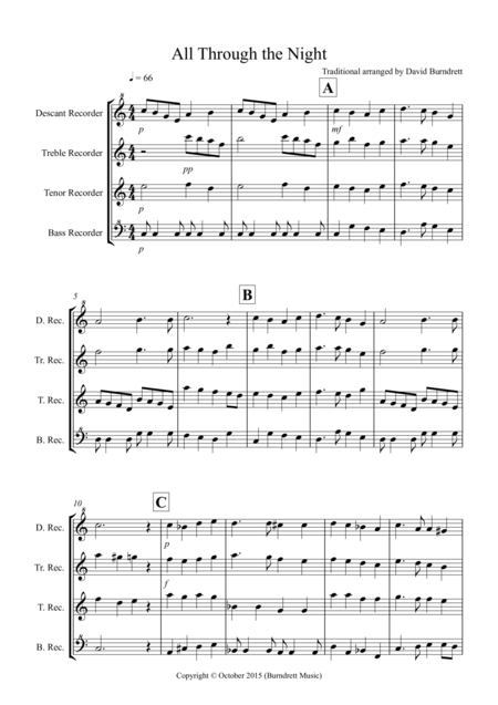 Free Sheet Music All Through The Night For Recorder Quartet
