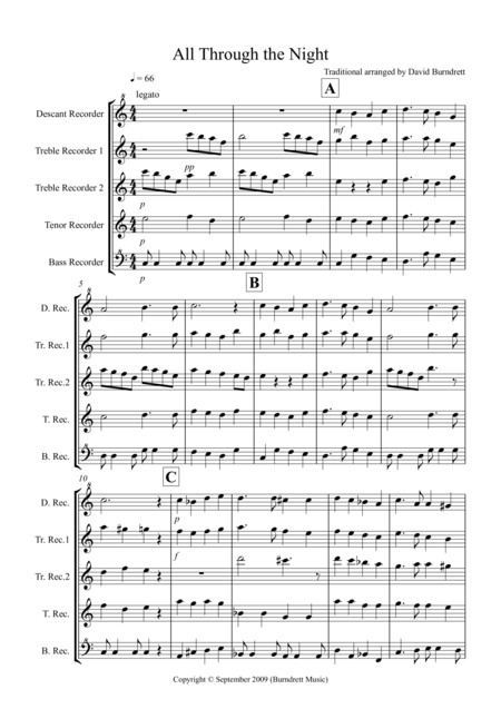 Free Sheet Music All Through The Night For Recorder Quintet