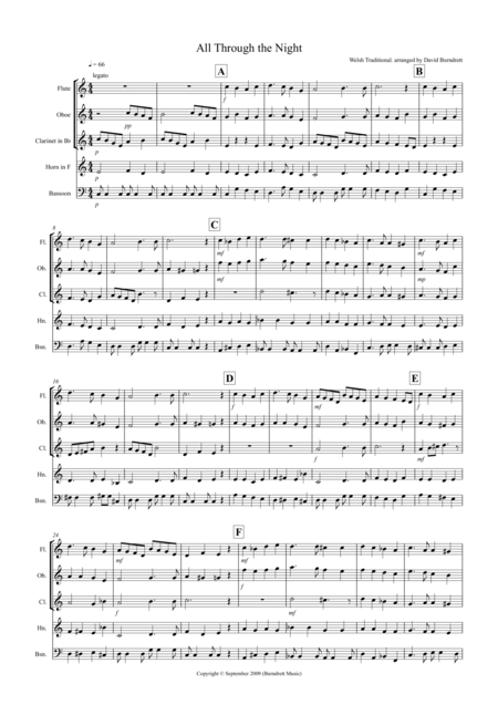 All Through The Night For Wind Quintet Sheet Music