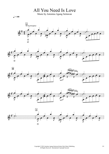 All You Need Is Love Solo Guitar Score Sheet Music