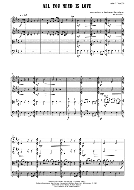 Free Sheet Music All You Need Is Love String Quartet