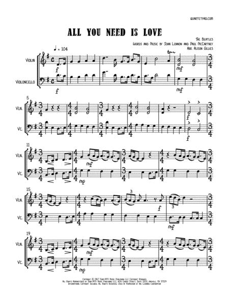 All You Need Is Love Violin Cello Duet Sheet Music