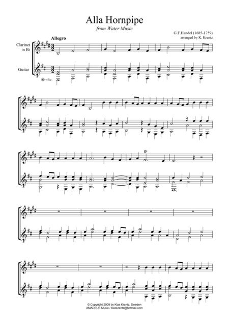 Free Sheet Music Alla Hornpipe For Clarinet In Bb And Guitar