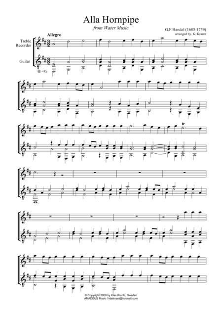 Free Sheet Music Alla Hornpipe For Treble Recorder And Guitar