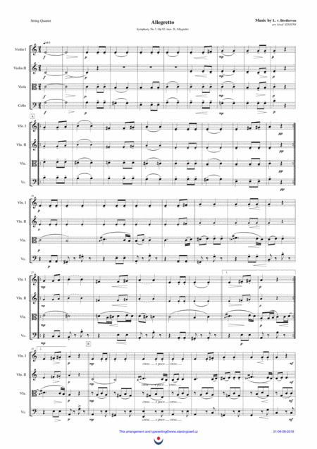 Allegretto Beethoven Symphony No 7 Mov Ii Excerpt Sheet Music