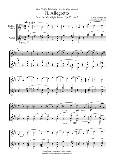 Free Sheet Music Allegretto From The Moonlight Sonata D Major For Violin Or Flute And Guitar
