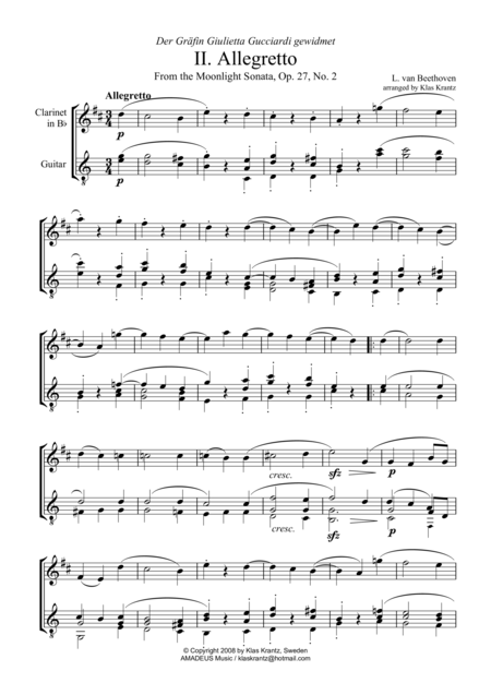 Free Sheet Music Allegretto Moonlight Sonata For Clarinet In Bb And Guitar C Major