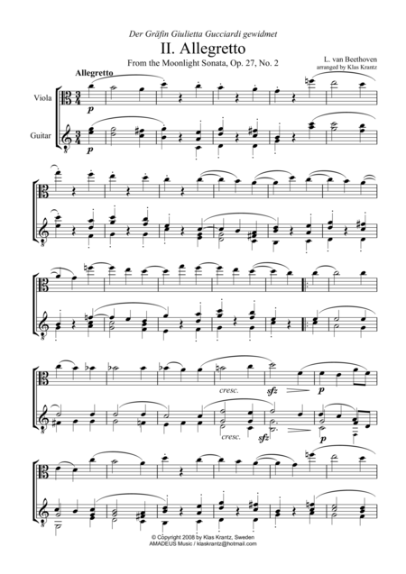 Free Sheet Music Allegretto Moonlight Sonata For Viola And Guitar
