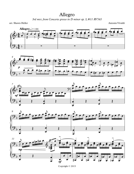 Allegro 3rd Mvt From Concerto Grosso Op 3 11 In D Minor Rv565 Piano Solo Arr Shawn Heller Sheet Music