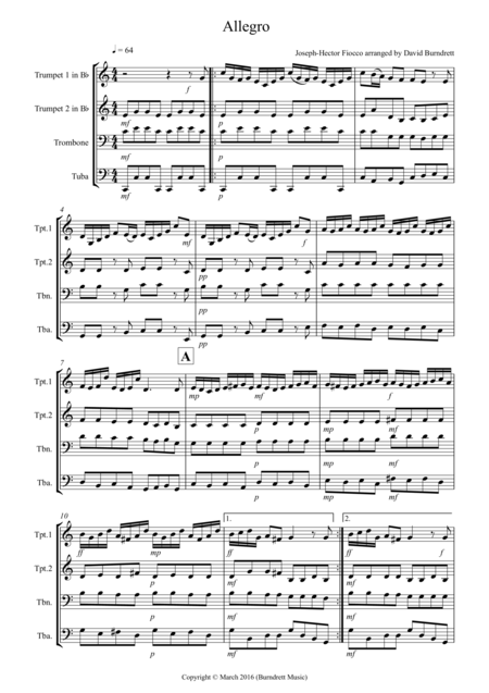 Allegro By Fiocco For Brass Quartet Sheet Music